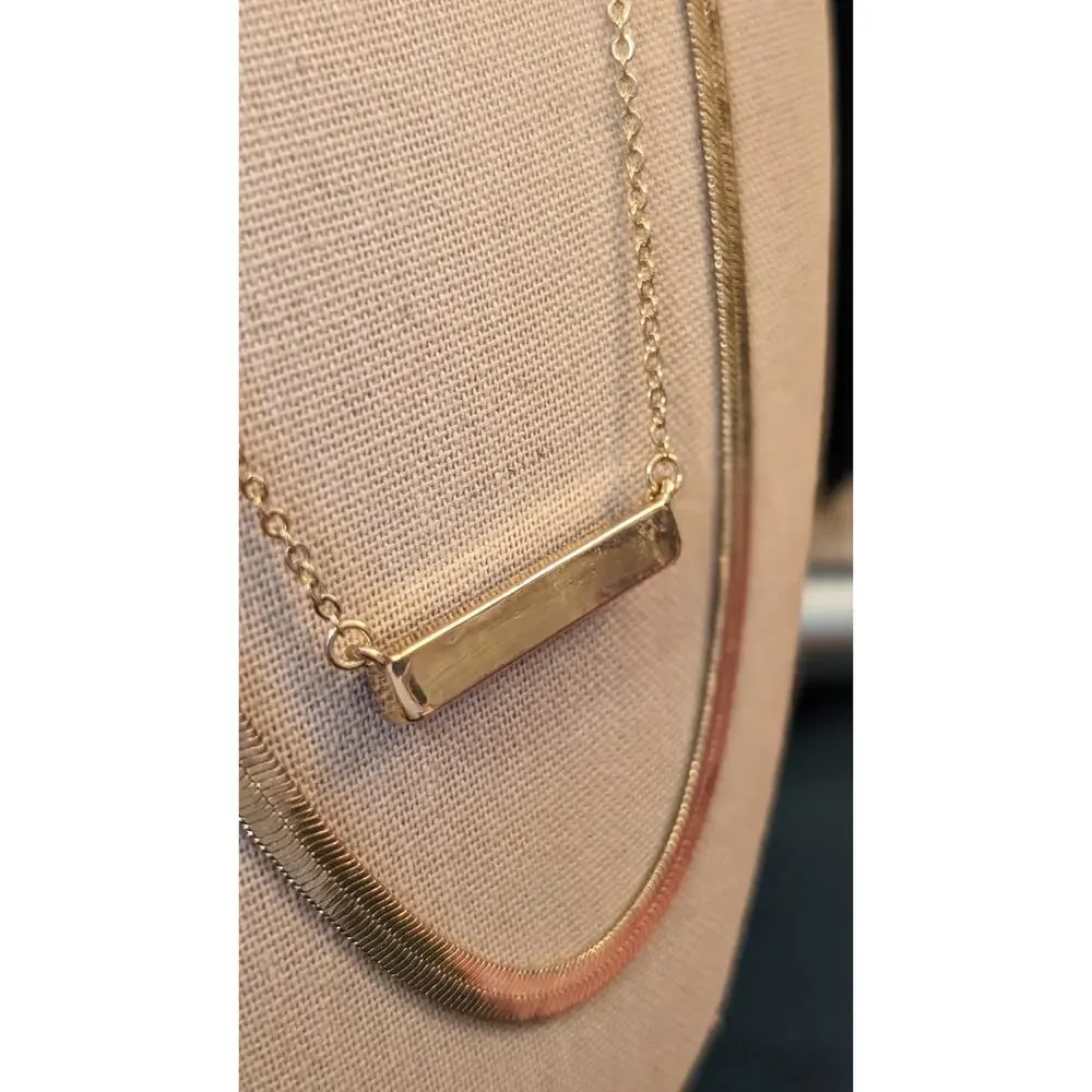Gold Tone Double Layer Wide Herringbone & Druzy Bar Necklace